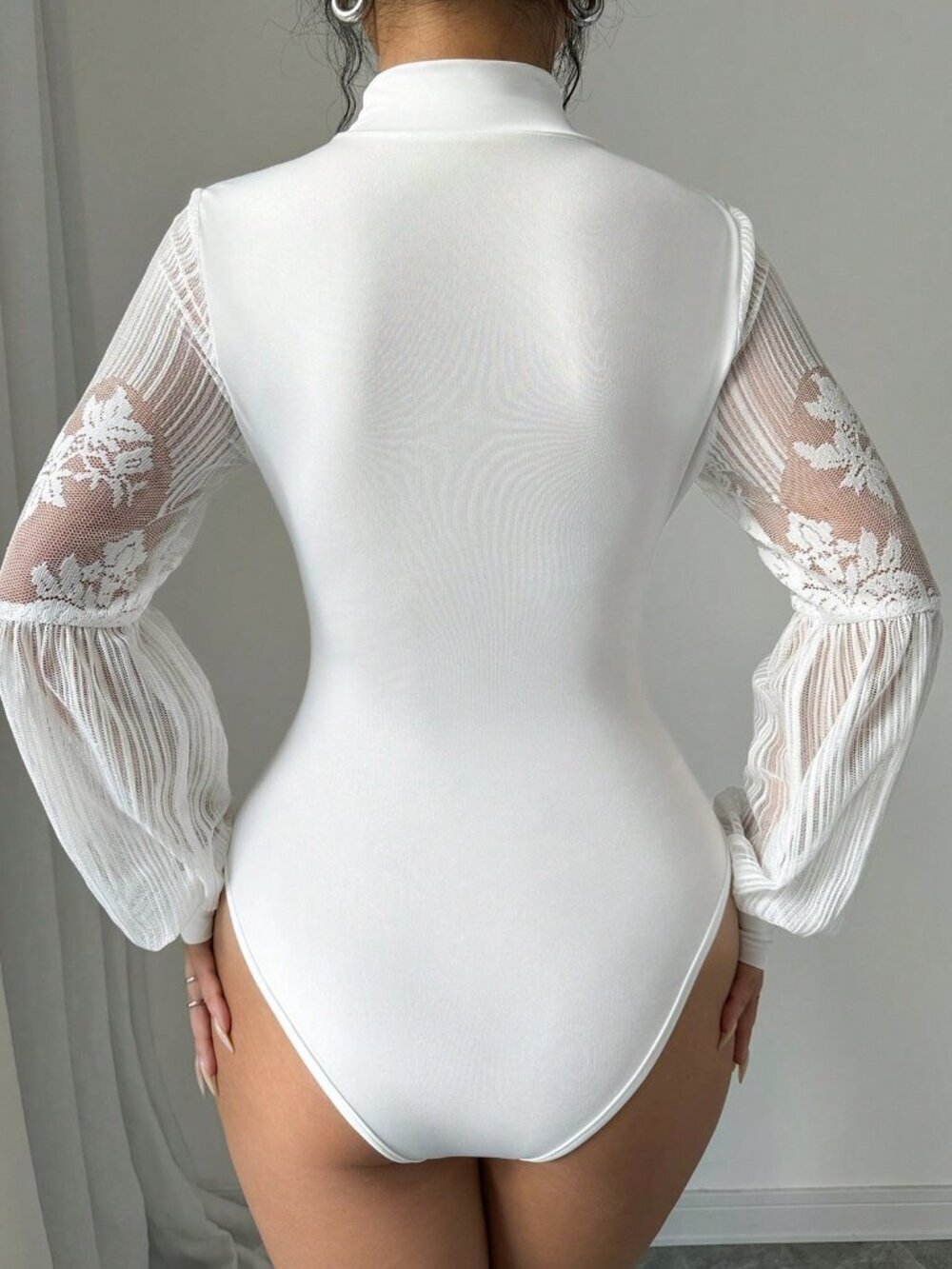 White Elegant Women's Lace Patchwork High Neck Long Sleeve Skinny Bodysuit - Picture 2 of 7
